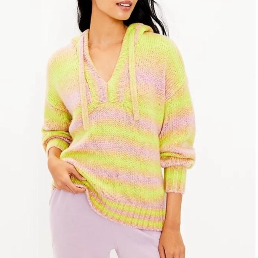 Lou & Grey Wool Blend Hoodie Women’s Medium‎ Yellow Pink Neon Ombre Stripe Knit